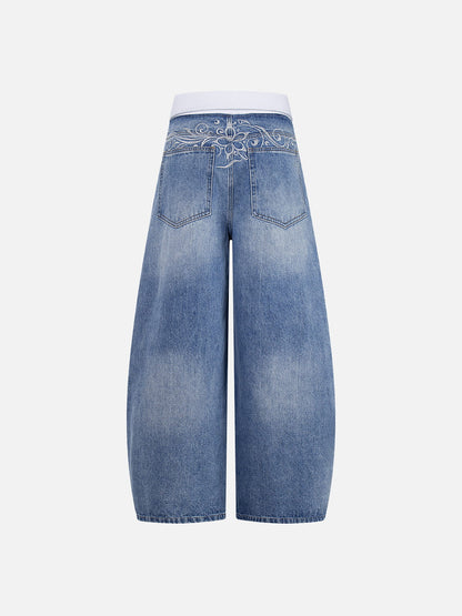 Aelfric Eden Ribbed Waist Embroidery Baggy Barrel Jeans