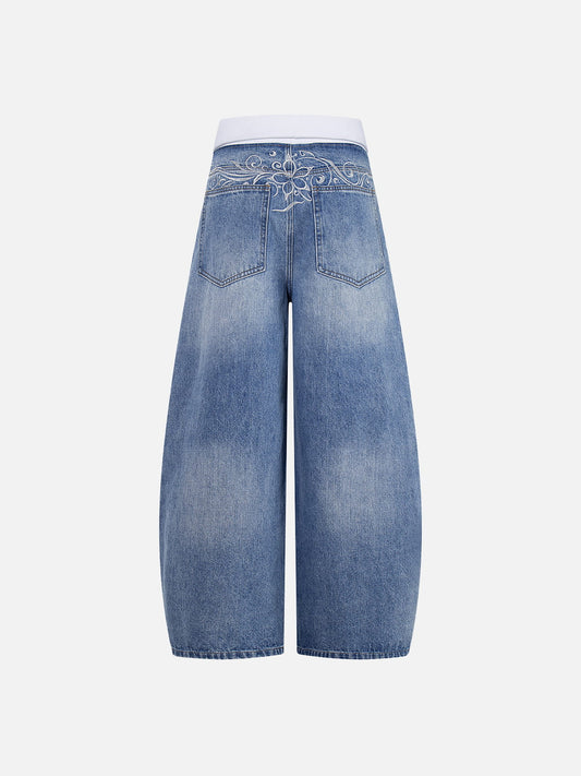 Aelfric Eden Ribbed Waist Embroidery Baggy Barrel Jeans