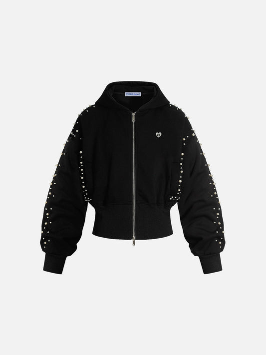 Aelfric Eden Cropped Pearl Studded Zip Up Hoodie