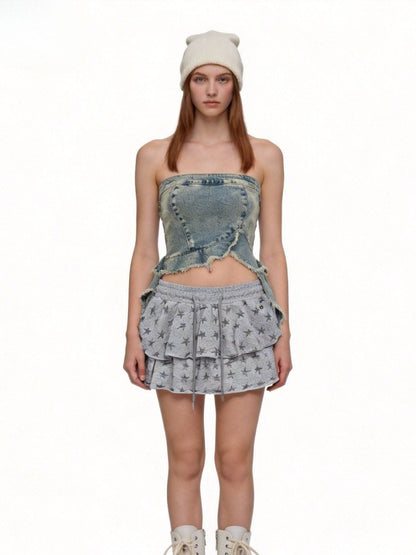 Aelfric Eden Fringe Hem Denim Bandeau Tube Top